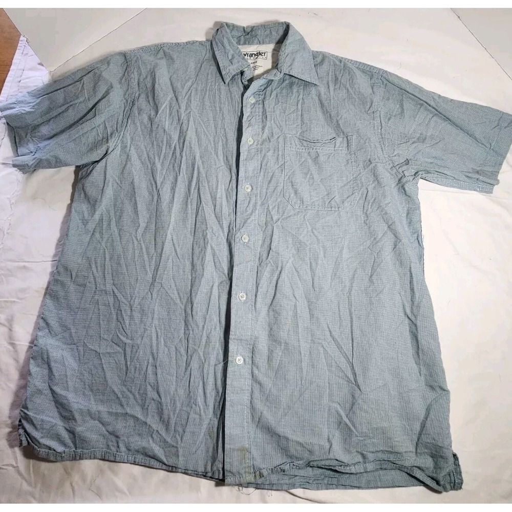 Wrangler Hero Shirt Mens Size Large Blue Mini Checkered Button Down Short Sleeve